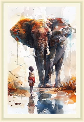 Watercolour of a small child standing before a large elephant, reflected in water