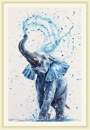 Watercolour of a young elephant spraying a burst of blue water from its trunk