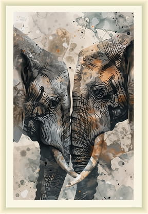 Watercolour of two elephants touching foreheads, in grey and ochre