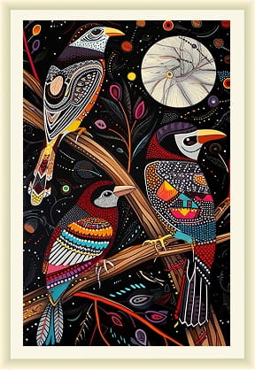 Patterned folk-art painting of three colourful birds on branches under a pale moon