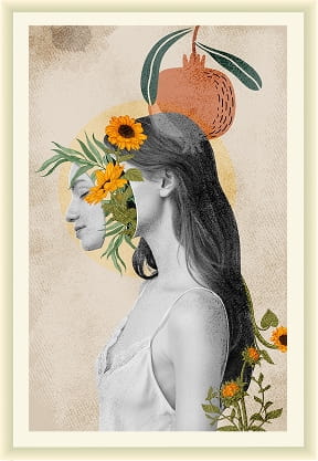 Collage of a woman in profile with sunflowers and a pomegranate around her head