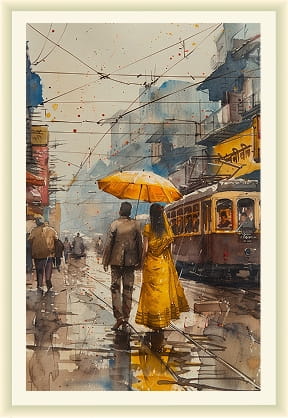 Watercolour of a couple under a yellow umbrella walking beside a tram on a rainy street