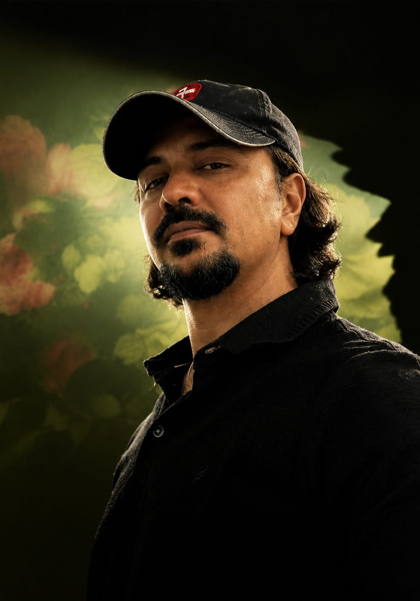 Rishabh K. Shah in profile against a softly lit floral backdrop